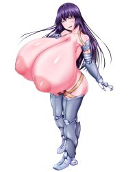 Rule 34 | 1girl, amputee, armpits, bad anatomy, blush, breasts, commission, full body, gigantic breasts, grey eyes, half-closed eyes, highres, inverted nipples, large areolae, long hair, looking at viewer, nipples, nude, original, prosthesis, purple hair, quadruple amputee, simple background, smile, solo, standing, white background, yoshinaka538