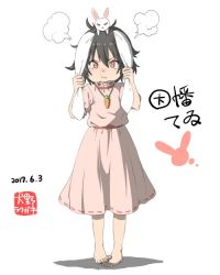 Rule 34 | 1girl, puff of air, angry, animal, animal ears, animal on head, barefoot, black hair, carrot necklace, character name, dated, dress, hair between eyes, hand on own ear, inaba tewi, inuno rakugaki, jewelry, looking at viewer, necklace, on head, pink dress, pout, puffy short sleeves, puffy sleeves, pulling own ear, rabbit, rabbit ears, rabbit girl, red eyes, short hair, short sleeves, solo, standing, tearing up, touhou, white background
