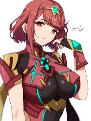 Rule 34 | 1girl, 2021, black gloves, breasts, chest jewel, dated, female focus, fingerless gloves, gloves, highres, large breasts, matching hair/eyes, pyra (xenoblade), red eyes, red hair, short hair, simple background, solo, swept bangs, upper body, white background, xenoblade chronicles (series), xenoblade chronicles 2, yamamori kinako