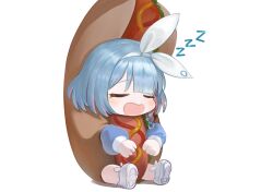 Rule 34 | 1girl, arona (blue archive), blue archive, blue hair, blue shirt, blush, braid, chibi, closed eyes, commentary request, dokomon, drooling, facing viewer, full body, hair ribbon, hairband, highres, hot dog costume, korean commentary, long sleeves, mouth drool, multicolored hair, open mouth, pink hair, puffy long sleeves, puffy sleeves, ribbon, shadow, shirt, shoe soles, shoes, simple background, single braid, sitting, sleeping, solo, two-tone hair, wavy mouth, white background, white footwear, white hairband, white ribbon, zzz