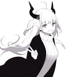 Rule 34 | 1girl, ahoge, blunt bangs, coat, commentary, demon girl, english commentary, floating hair, from side, grin, hand up, highres, horns, jewelry, long hair, long sleeves, looking at viewer, looking to the side, necklace, nekojira, open clothes, open coat, original, purple eyes, ribbed sweater, short ponytail, simple background, smile, solo, spot color, sweater, turtleneck, turtleneck sweater, v, white background