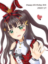 Rule 34 | 1girl, animal ears, artist name, artist request, bare shoulders, black bow, black hair, blush, bow, buttons, crown hair ornament, dress, female focus, frilled dress, frills, green eyes, heart, heart tattoo, kurosawa dia, long hair, looking at viewer, love live!, love live! school idol festival, love live! sunshine!!, mole, mole under mouth, parted lips, ponytail, rabbit ears, red dress, ruuuu111117, ruuuu111117 (pixiv 28338018), solo, striped, striped bow, tattoo, very long hair, white background, wrist cuffs