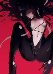 Rule 34 | 1girl, arms up, ass, bad id, bad pixiv id, biting, black bodysuit, bodysuit, boots, bound, bound arms, breasts, brown eyes, brown hair, cameltoe, choker, fate/grand order, fate (series), female pubic hair, from above, hair between eyes, high collar, high heel boots, high heels, highres, large breasts, long hair, looking at viewer, lying, mouth hold, navel, nipple slip, nipples, no bra, on back, one breast out, open bodysuit, open clothes, pubic hair, red background, reroi, restrained, scathach (fate), skin tight, spread legs, stomach, unzipped, zipper, zipper pull tab