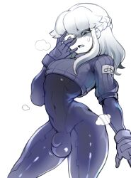 Rule 34 | 1boy, asymmetrical eyes, bodysuit, braid, breath, bulge, cibastion, covered navel, cowboy shot, crop top, cropped shirt, cropped sweater, curvy, demi (cibastion), eyelashes, feminine, gloves, hand on own face, highres, huge testicles, impossible bodysuit, impossible clothes, long hair, looking down, male focus, open mouth, original, shocked pupils, sidelocks, skin tight, small penis, surprised, sweatdrop, symbol, testicles, thick thighs, thighs, trap, white background