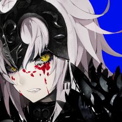 Rule 34 | 1girl, armor, blood, blood on face, clenched teeth, fate/grand order, fate (series), fur trim, headpiece, jeanne d&#039;arc (fate), jeanne d&#039;arc alter (avenger) (fate), jeanne d&#039;arc alter (fate), lam (ramdayo), portrait, silver hair, teeth, yellow eyes
