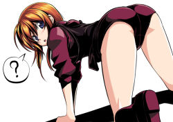 Rule 34 | 1girl, ?, all fours, ass, blue eyes, blush, elpeo puru, gundam, gundam zz, kyo9999, leotard, looking back, open mouth, orange hair, simple background, sleeves pushed up, solo