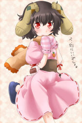 Rule 34 | 1girl, animal ears, argyle, black hair, blush, carrot, carrot necklace, dress, female focus, gloves, inaba tewi, jack (slaintheva), jewelry, mittens, necklace, pendant, pink dress, pink gloves, puffy sleeves, rabbit ears, rabbit girl, rabbit tail, red eyes, sash, scarf, short hair, short sleeves, socks on ears, solo, tail, touhou, translation request