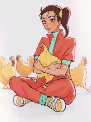 Rule 34 | 1girl, 4o3o, animal, animification, apex legends, bird, brown hair, chicken, commentary, dark-skinned female, dark skin, earrings, english commentary, eyebrow cut, facial mark, forehead mark, green shirt, hair behind ear, highres, holding, holding animal, holding bird, jewelry, jumpsuit, looking down, open mouth, orange jumpsuit, rampart (apex legends), shirt, side ponytail, smile, solo, tooth gap, yellow footwear