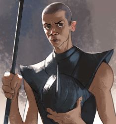 Rule 34 | a song of ice and fire, absurdres, armor, black skin, colored skin, game of thrones, grey worm, helmet, highres, polearm, ramon nunez, short hair, spear, very short hair, weapon