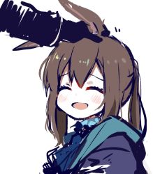 Rule 34 | 1girl, ^ ^, amiya (arknights), animal ears, arknights, blush, brown hair, rabbit ears, closed eyes, closed eyes, happy, jacket, long hair, open mouth, headpat, simple background, smile, solo focus, sukima (crie), upper body, white background