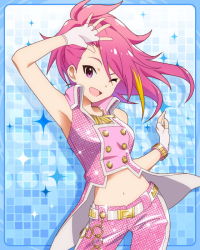 Rule 34 | 10s, 1girl, ;d, armpits, bracelet, contrapposto, crop top, female focus, fingerless gloves, gloves, idolmaster, idolmaster million live!, jewelry, kawakami tetsuya, looking at viewer, maihama ayumu, midriff, multicolored hair, navel, necklace, official art, one eye closed, open mouth, pink eyes, pink hair, smile, solo, standing