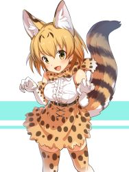Rule 34 | 10s, 1girl, animal ears, bow, bowtie, commentary request, cowboy shot, cross-laced clothes, elbow gloves, fang, fur collar, gloves, high-waist skirt, highres, icomochi, kemono friends, looking at viewer, miniskirt, open mouth, paw pose, serval (kemono friends), serval print, serval tail, shirt, short hair, skirt, sleeveless, sleeveless shirt, smile, solo, standing, striped tail, tail, thighhighs, white background, white gloves, white shirt, yellow skirt, yellow thighhighs