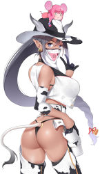 Rule 34 | 1girl, animal costume, animal ears, animal print, ass, ass cutout, bikini, black bikini, black thighhighs, braid, breasts, chaps, chinese zodiac, clothing cutout, collar, corset, cow, cow costume, cow girl, cow horns, cow print, cow tail, cowboy hat, dark-skinned female, dark skin, ear tag, gloves, gun, half gloves, hat, highres, horns, kippuru, large breasts, looking at viewer, looking back, o-ring, o-ring bikini, o-ring bottom, pointy ears, ponytail, simple background, single braid, swimsuit, tail, thighhighs, thong, thong bikini, weapon, white background, year of the ox