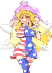 Rule 34 | 1girl, :d, adapted costume, alternate legwear, american flag dress, american flag legwear, blonde hair, blush, breasts, clownpiece, colored eyelashes, covered navel, cowboy shot, curvy, double v, dress, artistic error, eyebrows, eyes visible through hair, fairy wings, fang, gradient eyes, groin, hair between eyes, hands up, hat, highres, hip focus, impossible clothes, jester cap, large breasts, legs together, long hair, looking at viewer, medium breasts, multicolored eyes, open mouth, red eyes, rindou (p41neko), shiny clothes, short dress, short sleeves, skindentation, smile, solo, standing, thighhighs, touhou, v, very long hair, white background, wings, yellow eyes, zettai ryouiki