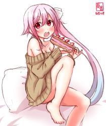 Rule 34 | 1girl, alternate costume, artist logo, bare shoulders, barefoot, bed, beige sweater, breasts, cleavage, collarbone, commentary request, cream puff, dated, food, hair ribbon, harusame (kancolle), highres, kanon (kurogane knights), kantai collection, medium breasts, open mouth, pillow, pink hair, red eyes, ribbon, round teeth, side ponytail, simple background, sitting, solo, teeth, upper teeth only, white background