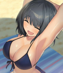 Rule 34 | 1girl, :d, ^ ^, armpits, arms up, bad id, bad pixiv id, beach, bikini, black hair, blue bikini, blush, breasts, cccpo, cleavage, closed eyes, day, front-tie bikini top, front-tie top, large breasts, open mouth, original, outdoors, smile, solo, swimsuit, upper body