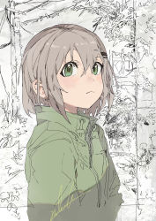 Rule 34 | 1girl, :&lt;, absurdres, bob cut, coat, commentary, foliage, green coat, green eyes, hair between eyes, hair ornament, hairclip, highres, hiranko, light frown, looking afar, monochrome background, power lines, short hair, signature, solo, transformer, tree, trim marks, upper body, utility pole, yama no susume, yukimura aoi