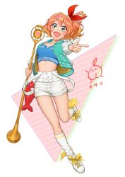 Rule 34 | 1girl, :d, absurdres, alternate costume, aqua jacket, blonde hair, blush, bow, brown hair, collarbone, crop top, freyja wion, full body, green eyes, hair between eyes, hair bow, hair ornament, heart, heart hair ornament, high-waist shorts, highres, holding, holding microphone stand, index finger raised, jacket, kneehighs, leg up, long hair, looking at viewer, macross, macross delta, microphone stand, mosako, multicolored hair, nail polish, one side up, open clothes, open jacket, open mouth, red bow, short shorts, shorts, simple background, smile, socks, solo, suspender shorts, suspenders, two-tone hair, white background, white footwear, white shorts, white sleeves, white socks