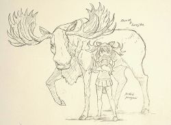 Rule 34 | 10s, 1girl, animal, animal ears, antlers, horns, kemono friends, long hair, monochrome, moose, moose (kemono friends), moose ears, sepia, tail, yamaguchi yoshimi