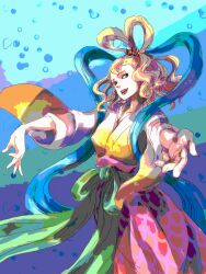 Rule 34 | 1girl, blonde hair, blue eyes, bubble, commentary, cowboy shot, english commentary, hagoromo, hair ornament, japanese clothes, kimono, looking at viewer, nadamon, obi, one piece, otohime (one piece), outstretched arms, pink lips, ponytail, reaching, reaching towards viewer, sash, shawl, smile, solo, wide sleeves