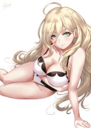 Rule 34 | 1girl, aqua eyes, arm support, arm under breasts, bare shoulders, black bra, black panties, blonde hair, blush, bra, breasts, cleavage, collarbone, groin, hair between eyes, highres, kantai collection, large breasts, long hair, looking at viewer, mole, mole under eye, mole under mouth, multicolored bra, multicolored clothes, multicolored panties, panties, richelieu (kancolle), sakiyamama, signature, simple background, smile, solo, thighs, underwear, white bra, white panties