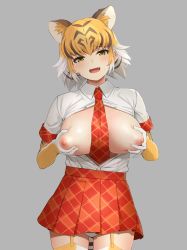 Rule 34 | 1girl, :d, animal ear fluff, animal ears, animal print, between breasts, black hair, breast hold, breasts, breasts out, commentary request, cowboy shot, deku suke, dress shirt, elbow gloves, extra ears, fang, garter straps, gloves, grabbing own breast, grey background, head tilt, highres, kemono friends, large breasts, looking at viewer, multicolored hair, necktie, necktie between breasts, nipples, no bra, open clothes, open mouth, open shirt, orange hair, panties, pantyshot, plaid, plaid necktie, plaid skirt, plaid trim, pleated skirt, print gloves, procreate (medium), shirt, short hair, short sleeves, simple background, skirt, smile, solo, streaked hair, tail, thighhighs, tiger (kemono friends), tiger ears, tiger girl, tiger print, underwear, white hair, white panties, white shirt, yellow eyes