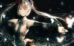 Rule 34 | 1girl, black skirt, bug, butterfly, detached sleeves, floating hair, grey eyes, grey necktie, grey shirt, hair between eyes, hatsune miku, highres, insect, long hair, looking at viewer, miniskirt, necktie, outstretched arms, pleated skirt, shirt, silver hair, skirt, sleeveless, sleeveless shirt, smile, solo, twintails, unf (unotfound 404), very long hair, vocaloid