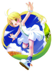 Rule 34 | 1girl, :d, blonde hair, blue legwear, blush, body blush, dress, highres, long hair, open mouth, outstretched arms, pop, shoes, smile, solo, spread arms, twintails, white dress, white footwear