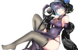 Rule 34 | 1girl, aqua nails, azur lane, black hat, black ribbon, black thighhighs, blue eyes, blush, breasts, cheshire (azur lane), cheshire (cait sith crooner) (azur lane), china dress, chinese clothes, chinese commentary, cleavage, closed mouth, covered navel, dress, elbow gloves, feather boa, flower hat, from side, full body, garter straps, gloves, hat, hat ribbon, highres, legs, lips, looking at viewer, medium breasts, mianbaoren, multicolored hair, nail polish, no shoes, official alternate costume, on floor, purple dress, purple gloves, purple hair, ribbon, see-through, see-through cleavage, short hair, sideboob, smile, solo, streaked hair, thighhighs, thighs, toenail polish, toenails, white background