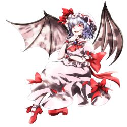 Rule 34 | 1girl, ascot, bat wings, blue hair, full body, hat, hat ribbon, highres, mary janes, mob cap, open mouth, pink socks, puffy sleeves, red eyes, rem (whitepierrette), remilia scarlet, ribbon, sash, shirt, shoes, short hair, short sleeves, simple background, skirt, skirt set, socks, solo, touhou, transparent background, white background, wings, wrist cuffs
