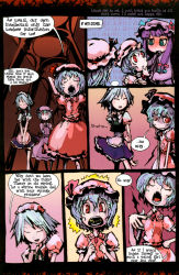 Rule 34 | 3girls, blush, braid, comic, female focus, genocide kitten, gradient background, hard-translated, hat, indoors, izayoi sakuya, left-to-right manga, maid, mirror, multiple girls, patchouli knowledge, red eyes, remilia scarlet, short hair, third-party edit, touhou, translated, upper body, wings