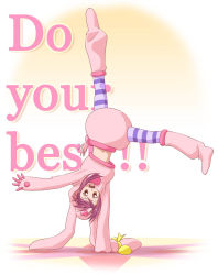 Rule 34 | 00s, 1girl, animal costume, animal ears, brown eyes, handstand, kaleido star, midriff, naegino sora, navel, one arm handstand, pantyhose, pink hair, purple pantyhose, rabbit costume, rabbit ears, shinozaki akira, smile, solo, striped clothes, striped pantyhose, upside-down