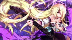Rule 34 | 1girl, bags under eyes, bare shoulders, bat wings, blonde hair, breasts, cleavage, detached sleeves, dress, gradient background, guitar, hair between eyes, hat, hat ribbon, holding, instrument, long hair, mini hat, nail polish, pandora (p&amp;d), puffy short sleeves, puffy sleeves, purple dress, purple nails, purple ribbon, purple theme, purple wings, puzzle &amp; dragons, red eyes, ribbon, short sleeves, smile, solo, sparkle, very long hair, wings, zuo wei er