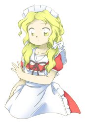 Rule 34 | 1girl, apron, black ribbon, blonde hair, bow, dress, hair bow, long hair, maid apron, maid headdress, nonamejd, official style, puffy short sleeves, puffy sleeves, red dress, ribbon, short sleeves, simple background, solo, touhou, touhou (pc-98), white apron, white background, white bow, yellow eyes, yumeko (touhou), zun (style)