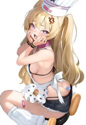 1girl apron ass azur_lane bache_(azur_lane) baggy_socks bandaid bandaid_on_ass bandaid_on_leg bikini black_bikini black_shorts blonde_hair blush breasts chef_hat commentary denim denim_shorts fang hair_ornament hands_on_own_cheeks hands_on_own_face hat heart heart_hair_ornament highres long_hair looking_at_viewer medium_breasts open_mouth preview_(preview0) purple_eyes short_shorts shorts sideboob simple_background socks solo squatting swimsuit symbol-only_commentary two_side_up very_long_hair white_apron white_background white_socks