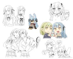 Rule 34 | 2girls, ?, aged down, animal ears, bang dream!, bang dream! it&#039;s mygo!!!!!, black mask, black ribbon, black skirt, cat ears, cat girl, cat tail, chinese commentary, closed mouth, commentary request, crying, crying with eyes open, dog ears, dog girl, dog tail, domino mask, green hair, hair ornament, hair ribbon, hairclip, heart, heart hands, heart hands duo, highres, holding, holding maracas, holding microphone, kemonomimi mode, long hair, mask, microphone, multiple girls, music, parted lips, partially colored, plaid, plaid skirt, red shirt, ribbon, school uniform, shirt, simple background, singing, skirt, smile, spoken question mark, sweat, tail, tears, togawa sakiko, tsukinomori school uniform, two side up, wakaba mutsumi, white background, yellow eyes, yui k (yuik48074789)