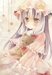 Rule 34 | 1girl, bow, capelet, crescent, dress, female focus, hair bow, hat, kagome f, long hair, painting (medium), patchouli knowledge, purple eyes, purple hair, ribbon, solo, star (symbol), stuffed animal, stuffed toy, teddy bear, touhou, traditional media, watercolor (medium)