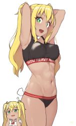 Rule 34 | 1girl, :d, armpits, arms behind head, arms up, bare arms, bare shoulders, blonde hair, bow, bowtie, breasts, cloba, collared shirt, commentary request, copyright name, covered erect nipples, cowboy shot, dark-skinned female, dark skin, dumbbell nan kilo moteru?, fang, green eyes, groin, gyaru, hands on own cheeks, hands on own face, highres, large breasts, long hair, looking at viewer, navel, open mouth, sakura hibiki, shirt, simple background, smile, sports bra, stomach, sweat, twintails, white background, white shirt