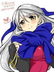 Rule 34 | bangle, black gloves, blue scarf, blush, bracelet, fingerless gloves, fire emblem, fire emblem: radiant dawn, gloves, half updo, hashtag, heart, jewelry, micaiah (fire emblem), nintendo, scarf, silver hair, simple background, smile, solo, twitter username, white background, yellow eyes, yukia (firstaid0)