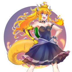 Rule 34 | &gt;:d, 1girl, :d, absurdres, armlet, asymmetrical arms, bare shoulders, black dress, blonde hair, bowsette, bowsette (cosplay), bracelet, breasts, cleavage, collar, cosplay, covered navel, crown, dress, earrings, evil smile, feet out of frame, female focus, fire, floating hair, hands on own hips, highres, horns, iesupa, jewelry, large tail, long hair, looking at viewer, mario (series), single mechanical arm, medium breasts, monster girl, naughty face, new super mario bros. u deluxe, nintendo, open mouth, ponytail, prosthesis, prosthetic arm, purple eyes, rwby, sharp teeth, shell, smile, solo, spiked armlet, spiked bracelet, spiked collar, spiked shell, spiked tail, spikes, standing, strapless, strapless dress, super crown, tail, teeth, turtle shell, upper teeth only, wavy hair, yang xiao long