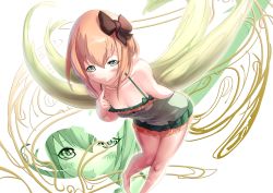Rule 34 | 1girl, arm behind back, blonde hair, bow, ere (2516325), finger to mouth, gothic wa mahou otome, green eyes, hair bow, leaning forward, short hair, simple background, smile, solo, souffle (gothic wa mahou otome), swimsuit