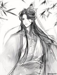 Rule 34 | 1boy, chinese clothes, closed mouth, expressionless, facial mark, forehead mark, greyscale, hanfu, highres, lacyy, long hair, long sleeves, looking ahead, monochrome, renzha fanpai zijiu xitong, ribbon, shen qingqiu, simple background, solo, tree, twitter username, white background, wide sleeves, xiao guan (headdress)
