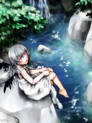 Rule 34 | 00s, barefoot, doll joints, feet, from above, joints, kakashichi, long hair, nature, pink eyes, rozen maiden, silver hair, solo, suigintou, water, wings