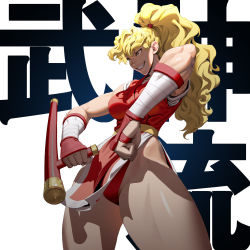 Rule 34 | 1girl, blonde hair, capcom, curvy, final fight, genryuusai maki, grin, high ponytail, highres, holding, holding weapon, japanese clothes, long hair, loped, muscular, muscular female, pelvic curtain, ponytail, smile, solo, standing, street fighter, text background, thighs, thong, toned, tonfa, weapon, wide hips