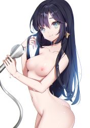 1girl absurdres ankkoyom arched_back ass bathing black_hair blue_eyes breasts collarbone cowboy_shot earrings genshin_impact hair_between_eyes hair_down hand_up highres holding jewelry long_hair looking_at_viewer mona_(genshin_impact) navel nipples nude shower_head sidelocks simple_background small_breasts smile solo water wet white_background