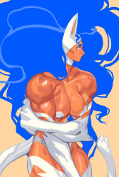 Rule 34 | 1girl, animal ears, animal hands, arm hug, bare shoulders, big hair, blue hair, breasts, cat ears, cat girl, cat tail, covered erect nipples, cowboy shot, cromwaits, dark-skinned female, dark skin, felicia (vampire), highres, large breasts, looking to the side, muscular, muscular arms, muscular female, revealing clothes, simple background, solo, tail, thick thighs, thighs, vampire (game), white fur, yellow background