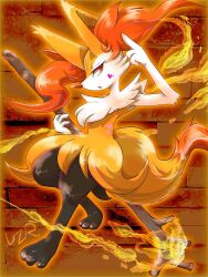 Rule 34 | 1girl, animal ear fluff, animal ears, animal feet, animal nose, arm up, artist name, black fur, body fur, braixen, brick wall, creatures (company), facial mark, female focus, fire, flat chest, fox ears, fox girl, fox tail, full body, furry, furry female, game freak, gen 6 pokemon, half-closed eyes, hand up, heart, highres, holding, holding stick, index finger raised, looking at viewer, multicolored fur, neck fur, nintendo, oono uzara, open mouth, orange background, orange outline, pokemon, pokemon (creature), profile, red eyes, signature, snout, solo, standing, stick, tail, white fur, yellow fur