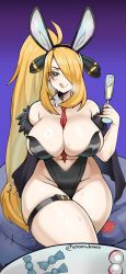 Rule 34 | absurdres, blonde hair, blue eyes, blush, bow, bowtie, breasts, cleavage, collar, condom, condom wrapper, creatures (company), curvy, cynthia (pokemon), drink, gaikiken, game freak, glass, heavy breathing, highleg, highleg leotard, highres, huge breasts, leg strap, leotard, licking lips, long hair, nintendo, playboy bunny, pokemon, pokemon dppt, ponytail, rabbit ears, shiny skin, sweat, thick thighs, thighs, tongue, tongue out, very long hair, wide hips