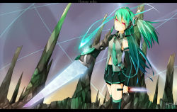 Rule 34 | 1girl, aqua hair, bad id, bad pixiv id, blue eyes, detached sleeves, en@rain, female focus, hatsune miku, highres, knife, letterboxed, long hair, red eyes, skirt, solo, sword, tears, thighhighs, twintails, uneven twintails, vocaloid, weapon, zettai ryouiki