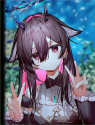 Rule 34 | 1girl, absurdres, animal ears, bare shoulders, black hair, blue halo, blurry, blurry background, cat ears, colored inner hair, demon horns, detached sleeves, double v, dress, enj!, frilled sleeves, frills, glint, halo, hands up, head tilt, highres, horns, jewelry, long hair, long sleeves, looking at viewer, multicolored hair, outdoors, pendant, purple eyes, purple hair, sleeveless, sleeveless dress, solo, two-tone hair, upper body, v, vrchat